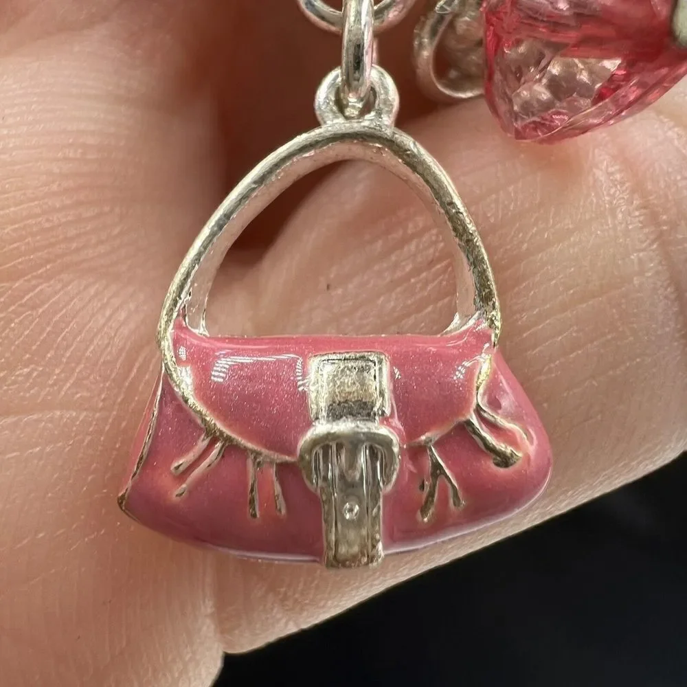 Silvertone Pink Purse, Heels, Lipstick Charm Bracelet